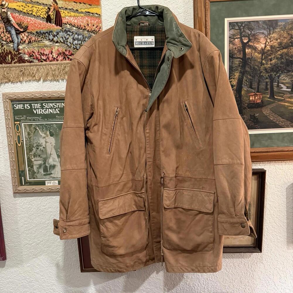Vintage 80s/90s RARE Brown Alan Michael Designer Long Leather Jacket Size Large